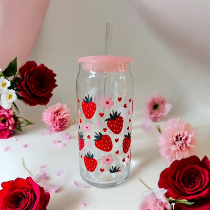 Strawberry Bliss Retro Glass C 16oz, girly Cup, Retro girl Drink ware, Coffee Lovers, Ices beverages, Smothies cup,