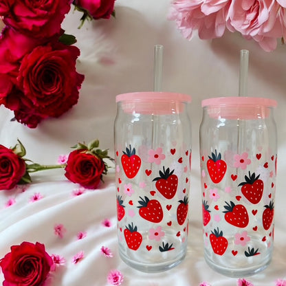 Strawberry Bliss Retro Glass C 16oz, girly Cup, Retro girl Drink ware, Coffee Lovers, Ices beverages, Smothies cup,