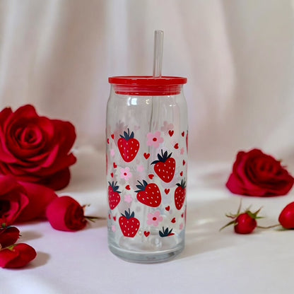 Strawberry Bliss Retro Glass C 16oz, girly Cup, Retro girl Drink ware, Coffee Lovers, Ices beverages, Smothies cup,