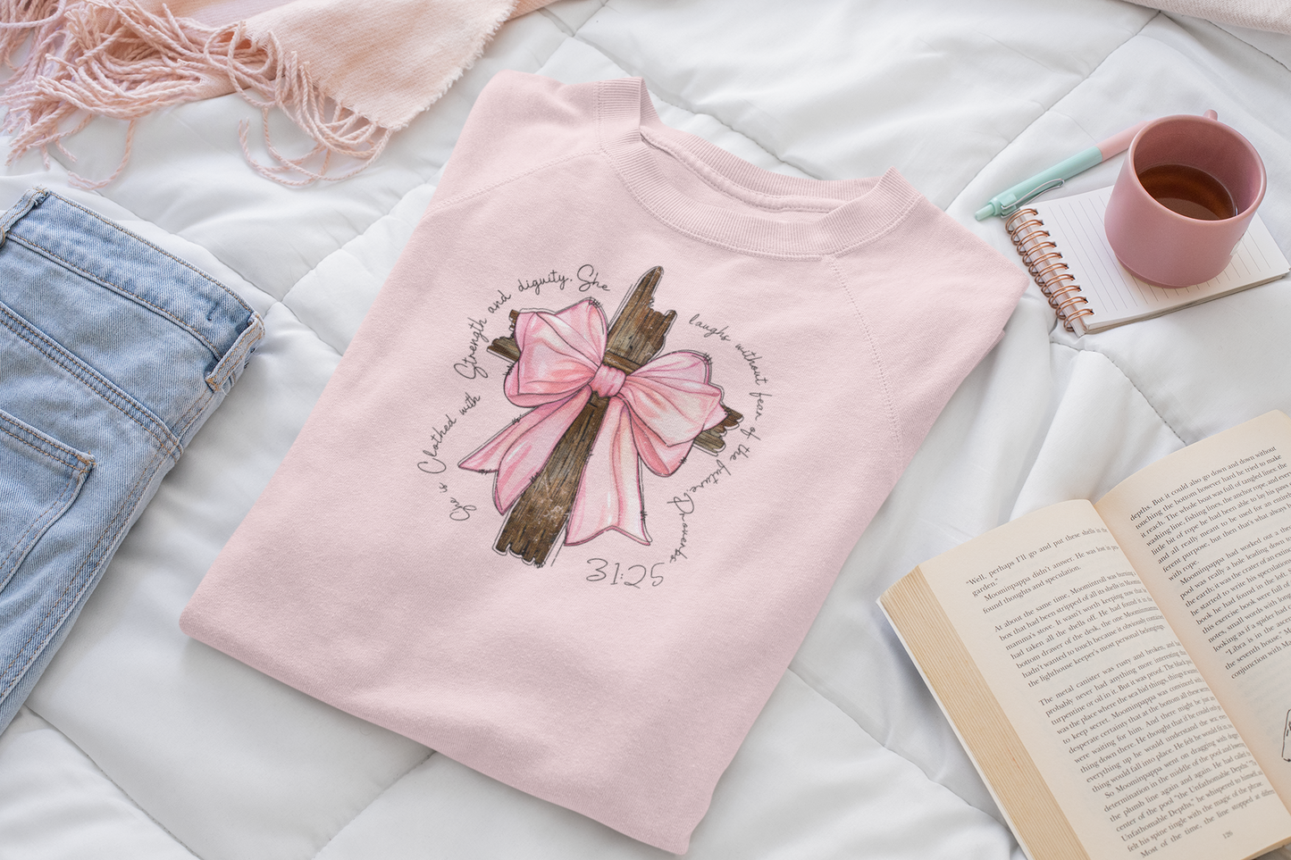 spiritual Sweatshirt, Coquette Bow Light Pink Sweatshir,t, Celestial Gift Sweatshirt, Bible Verse Sweatshirt, Christian girls Sweatshirt