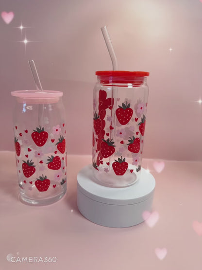 Strawberry Bliss Retro Glass C 16oz, girly Cup, Retro girl Drink ware, Coffee Lovers, Ices beverages, Smothies cup,