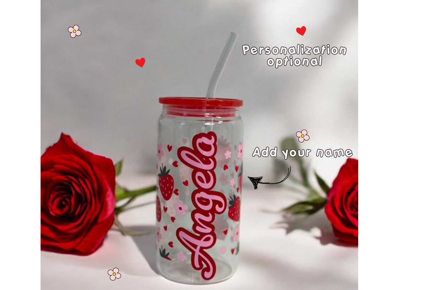 Strawberry Bliss Retro Glass C 16oz, girly Cup, Retro girl Drink ware, Coffee Lovers, Ices beverages, Smothies cup,